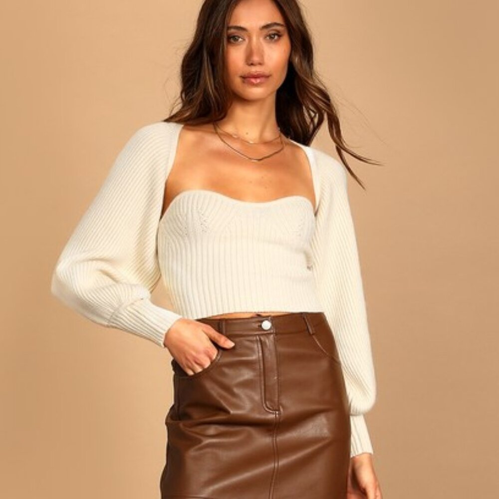 Lulus Twice The Love Cream Ribbed Knit Tube Top And Shrug Set Beige - Size M